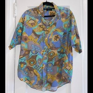 Vintage Christian Dior Short-sleeve Button Down Colorful Pattern